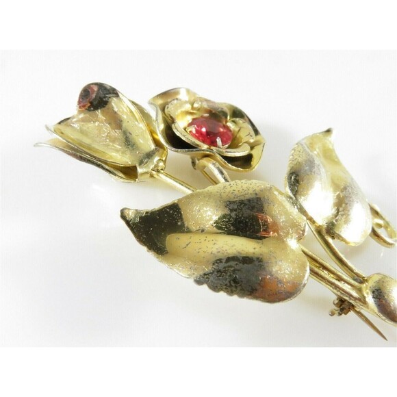 Unsigned Large Sterling Silver Gold Vermeil Pink Stone Floral Brooch - Picture 4 of 11